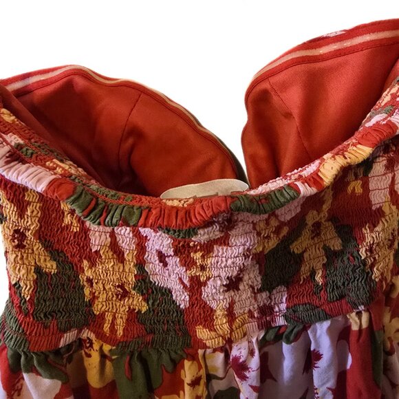 Tropical Floral Strapless Jumpsuit Long Pants Ruched Bodice Red Yellow Summer M - Picture 11 of 11